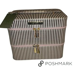 Vince Camuto Pink and Black Striped Cosmetic Case